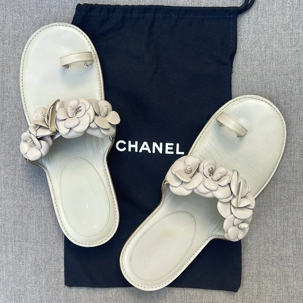 CHANEL Leather Camellia Sandals with Silver CC accents